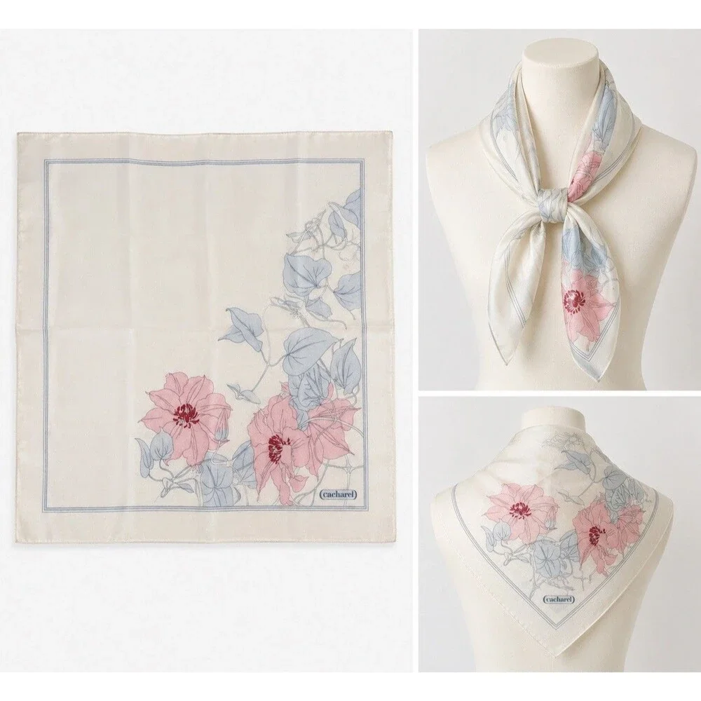 Vintage Cacharel Silk Floral Scarf ”Pastels Colors Hand Rolled